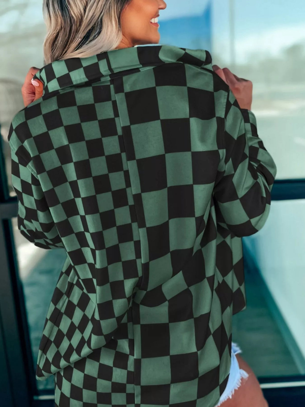 Checkered Button-Up Oversized Jacket with Pockets – photo 2