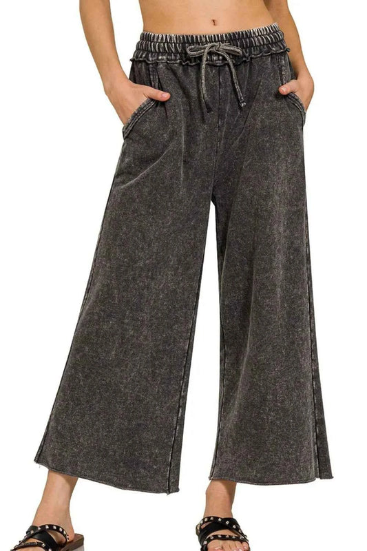 Zenana Washed French Terry Palazzo With Pockets
