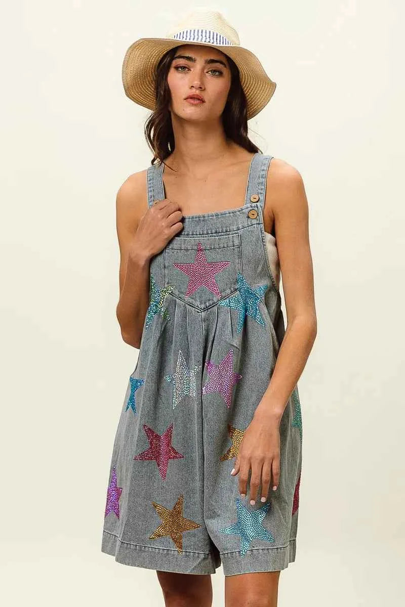 BiBi Star Rhinestone Washed Wide Leg Shortalls