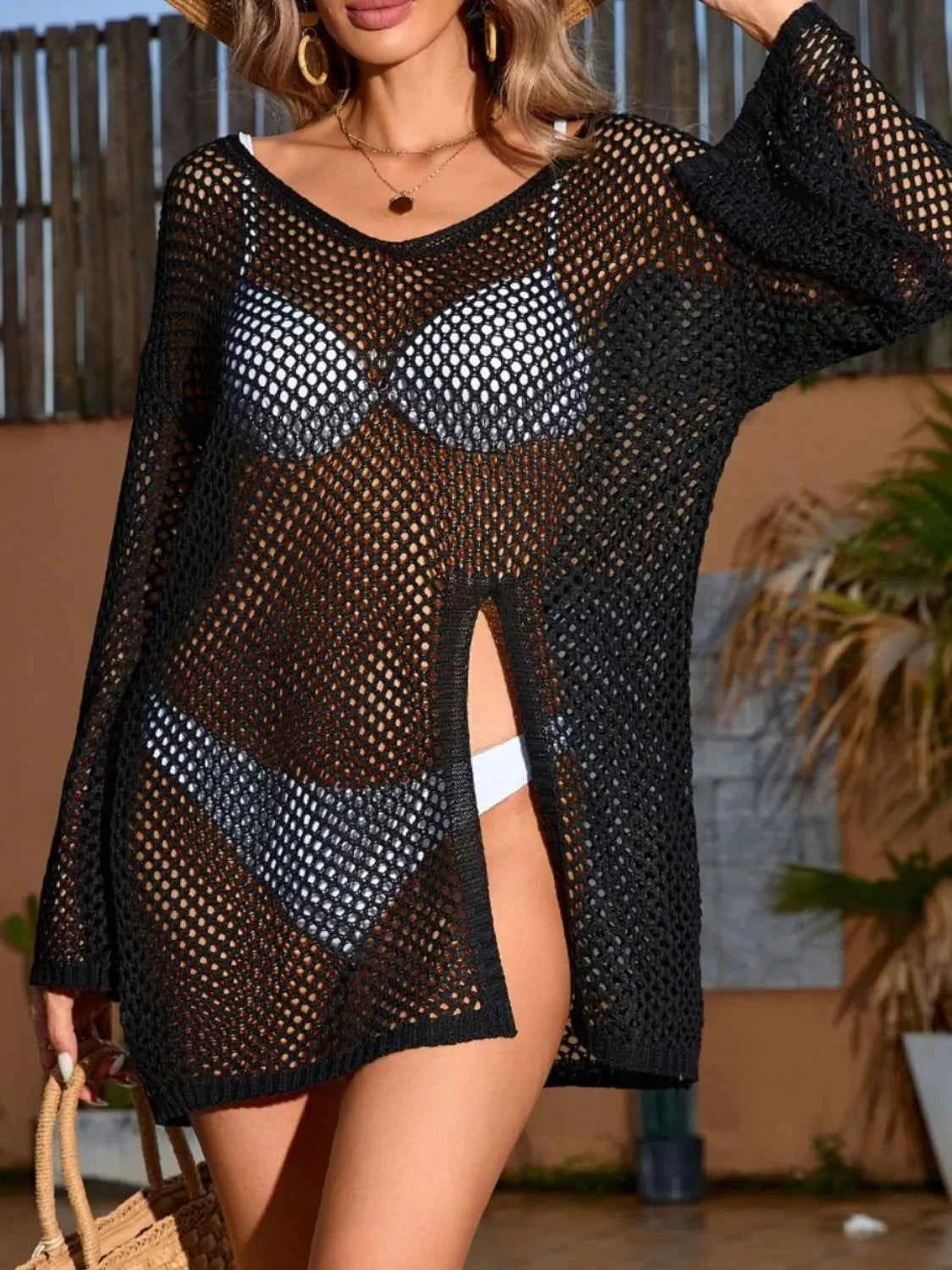 Openwork V-Neck Slit Cover-Up