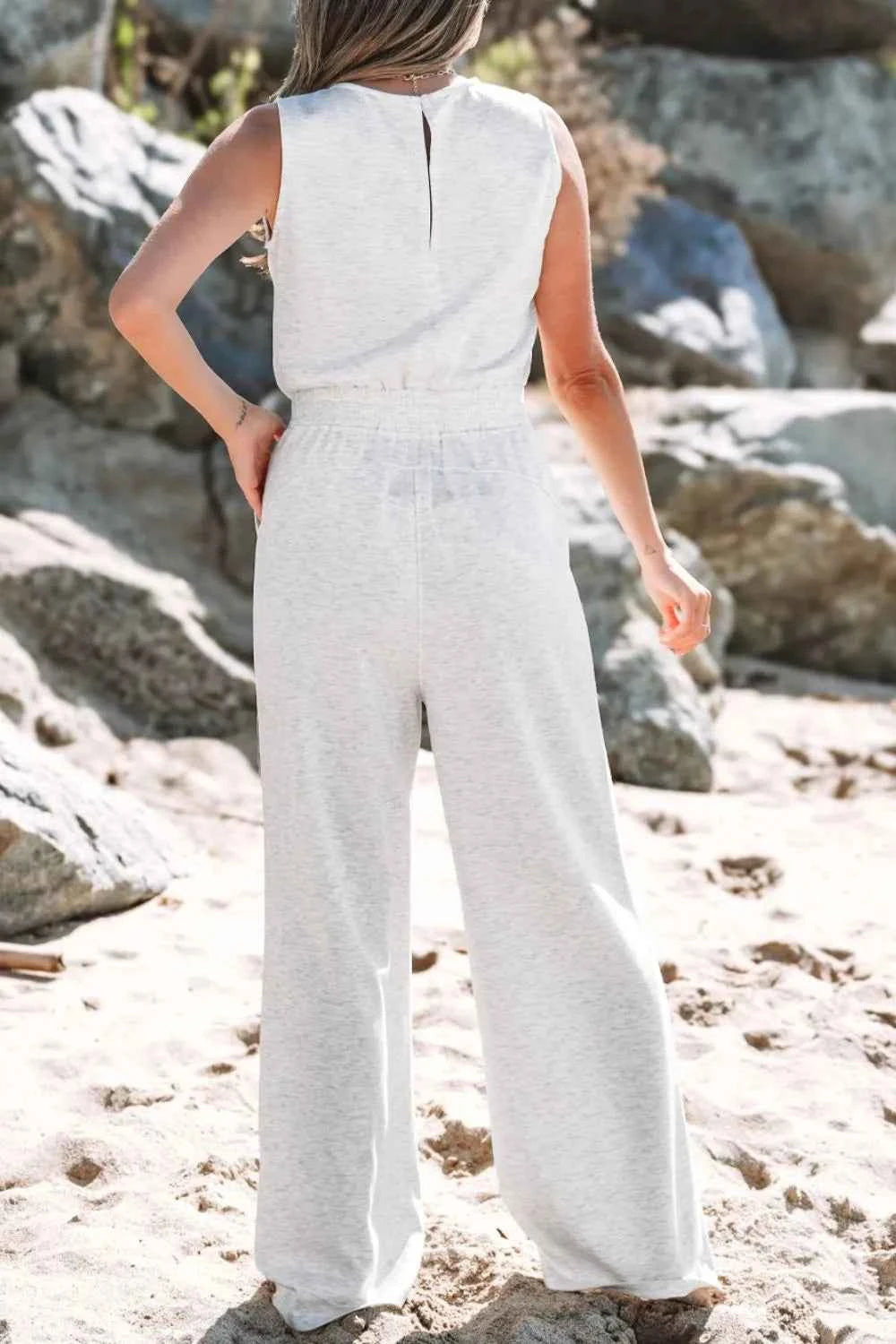 Solid Color Crew Neck Drawstring High Waist Sleeveless Jumpsuit