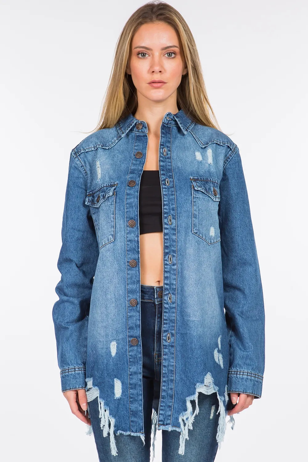 Distressed Frayed Hem Denim Jacket in Blue — Livostyle