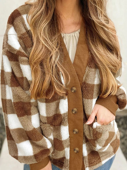 Checkered Sherpa Loose Knit Cardigan with Pockets detail — Livostyle