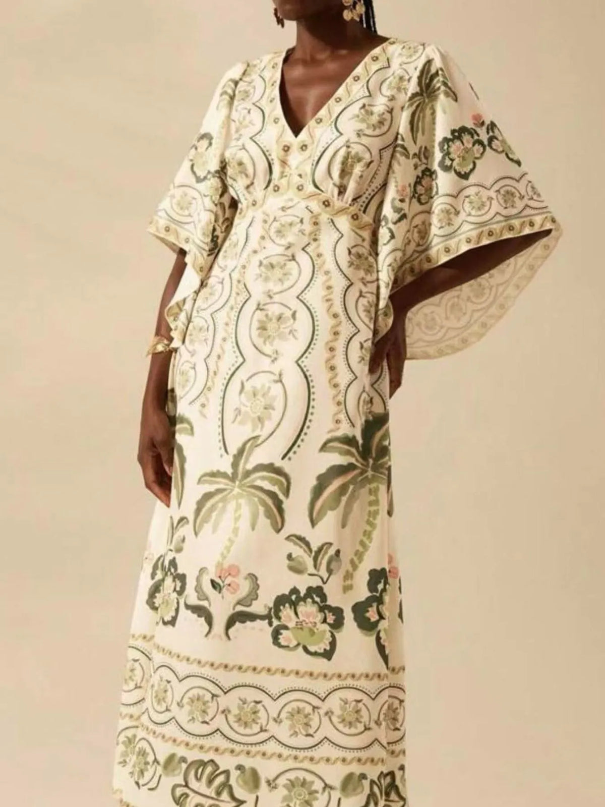 Palm Print V-Neck Midi Dress in Beige