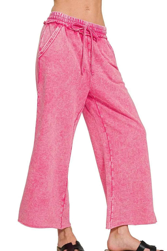 Zenana Washed French Terry Palazzo With Pockets