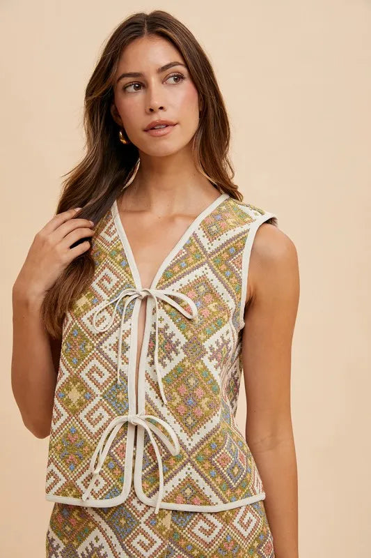 Ethnic Woven Jacquard Tie Front Vest detail — Livostyle