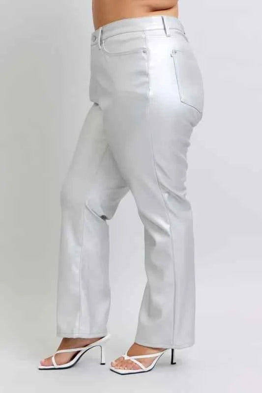 Judy Blue Full Size High Waist Silver Faux Leather Pants Plus Size