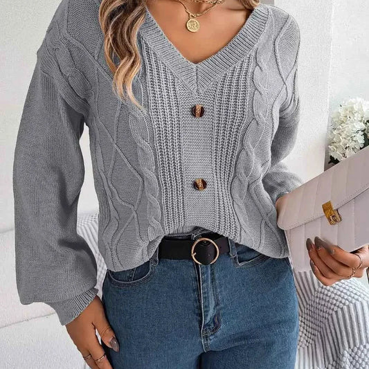 Cable-Knit Buttoned V-Neck Sweater — square view — Livostyle