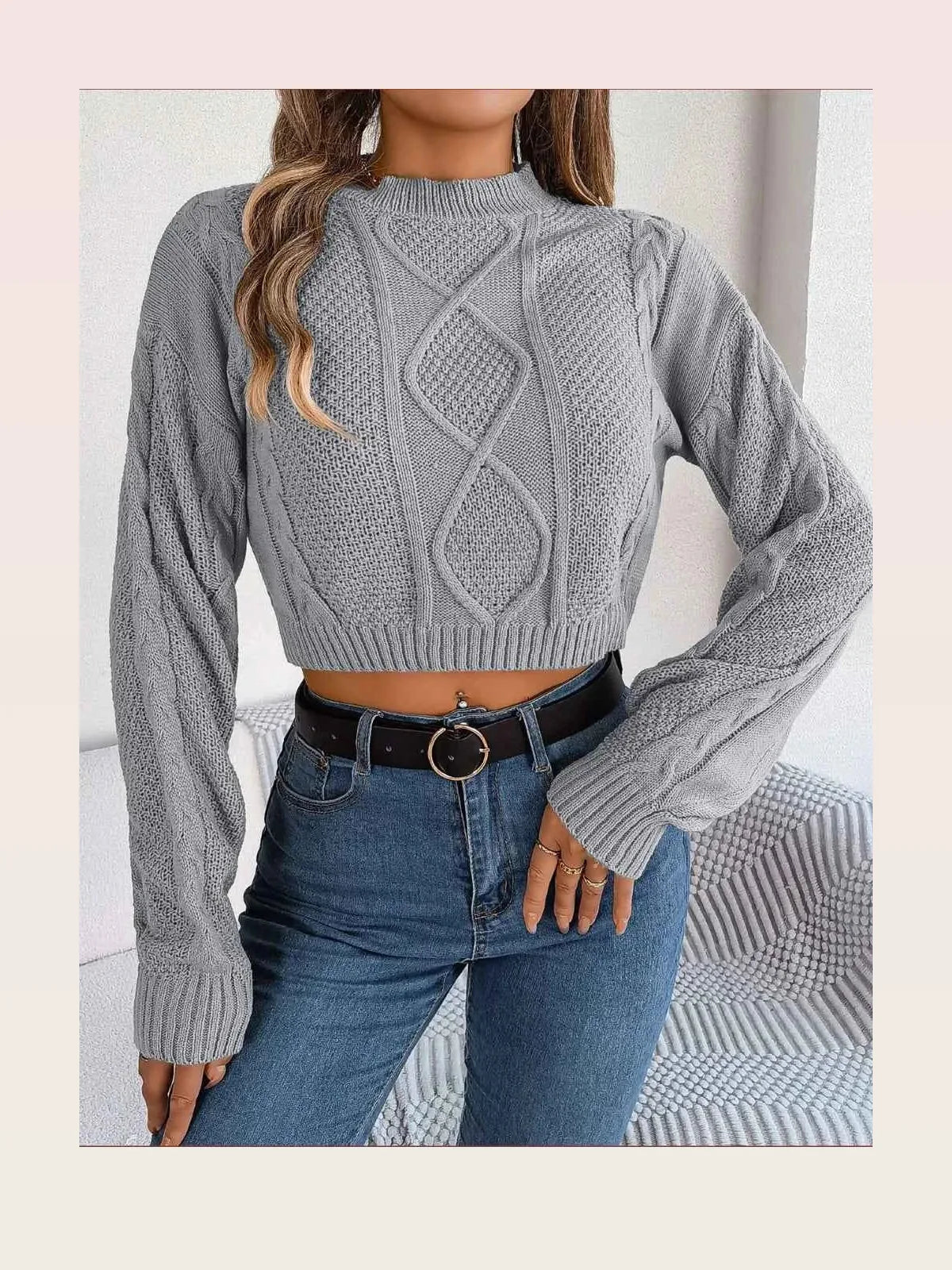 Cable-Knit Round Neck Cropped Sweater — styled showcase — Livostyle