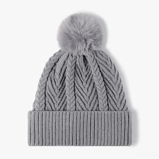 Cable Knit Solid Color Hat with Pompom — square view — Livostyle