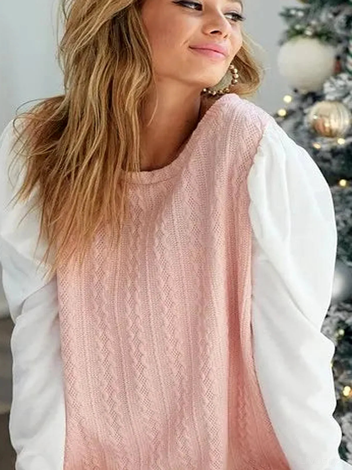 Chic Contrast Puff Sleeve Cable Knit Top — detail view — Livostyle