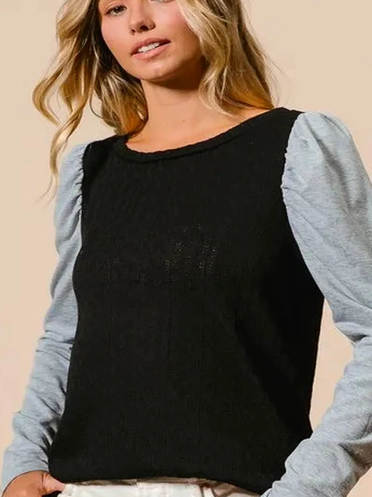 Stylish Contrast Puff Sleeve Cable Knit Top — detail view — Livostyle