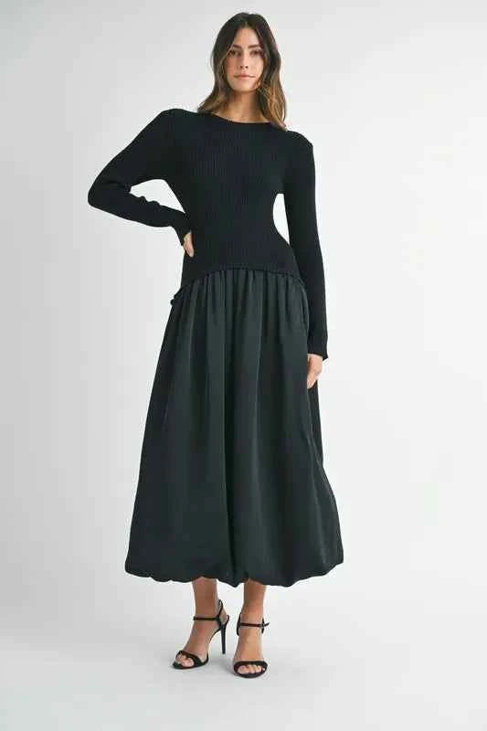 MABLE Ribbed Poplin Mix Midi Sweater Dress