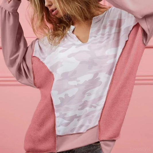 Stylish Camo Print Color Block Top in French Terry Knit — square view — Livostyle