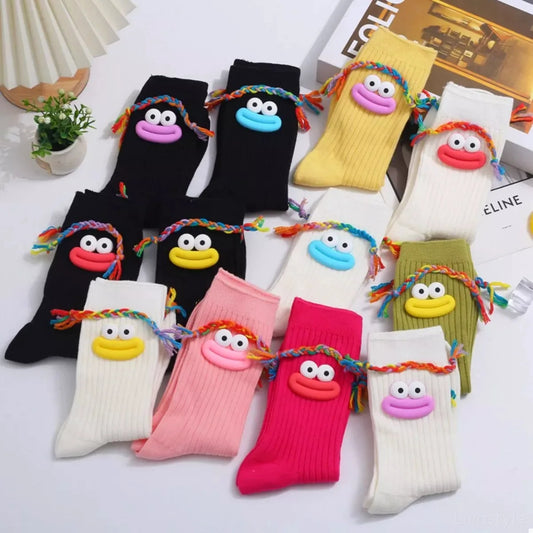 Cartoon Ribbed Knit Crew Socks in Colorful Crew — square view — Livostyle