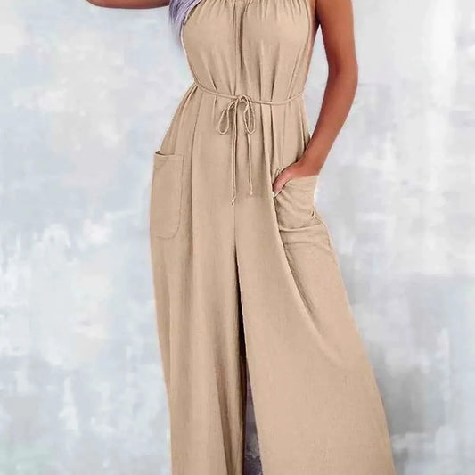Casual Spaghetti Strap Wide Leg Jumpsuit with Pockets — square view — Livostyle