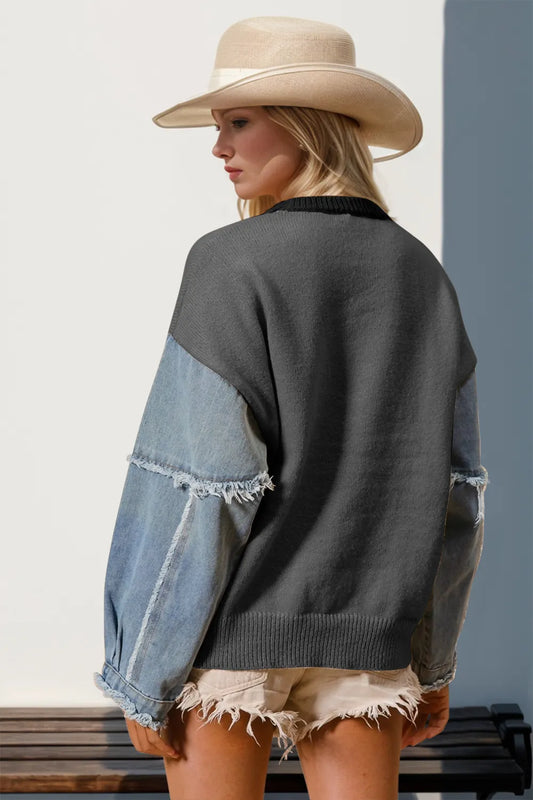 Double Take Full Size Star Pattern Raw Edge Long Sleeve Sweater detail — Livostyle