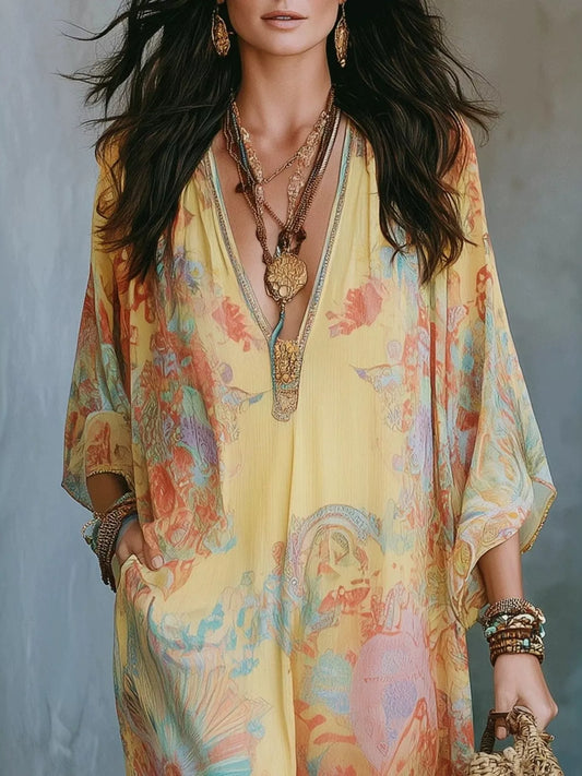 Floral Print V-Neck Maxi Dress with Pockets – Plus Size
