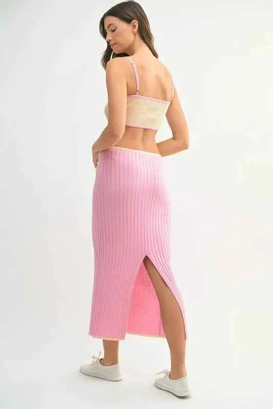 MABLE Ribbed Knit Color Block Cutout Midi Dress