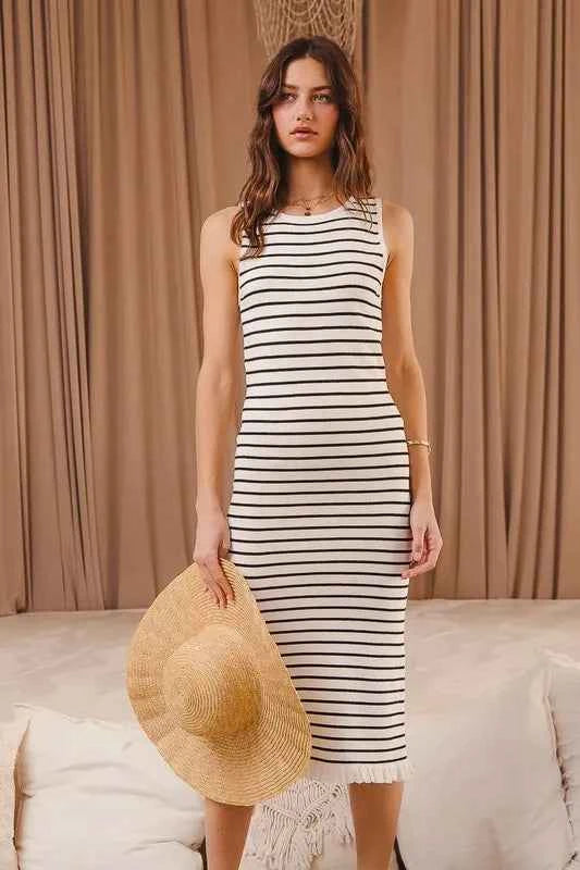 SO ME Stripe Sleeveless Sweater Knit Maxi Dress With Ruffled Hem