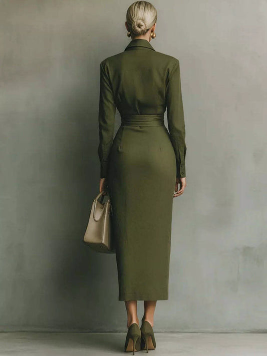 Long Sleeve Wrap Midi Shirt Dress with Pockets