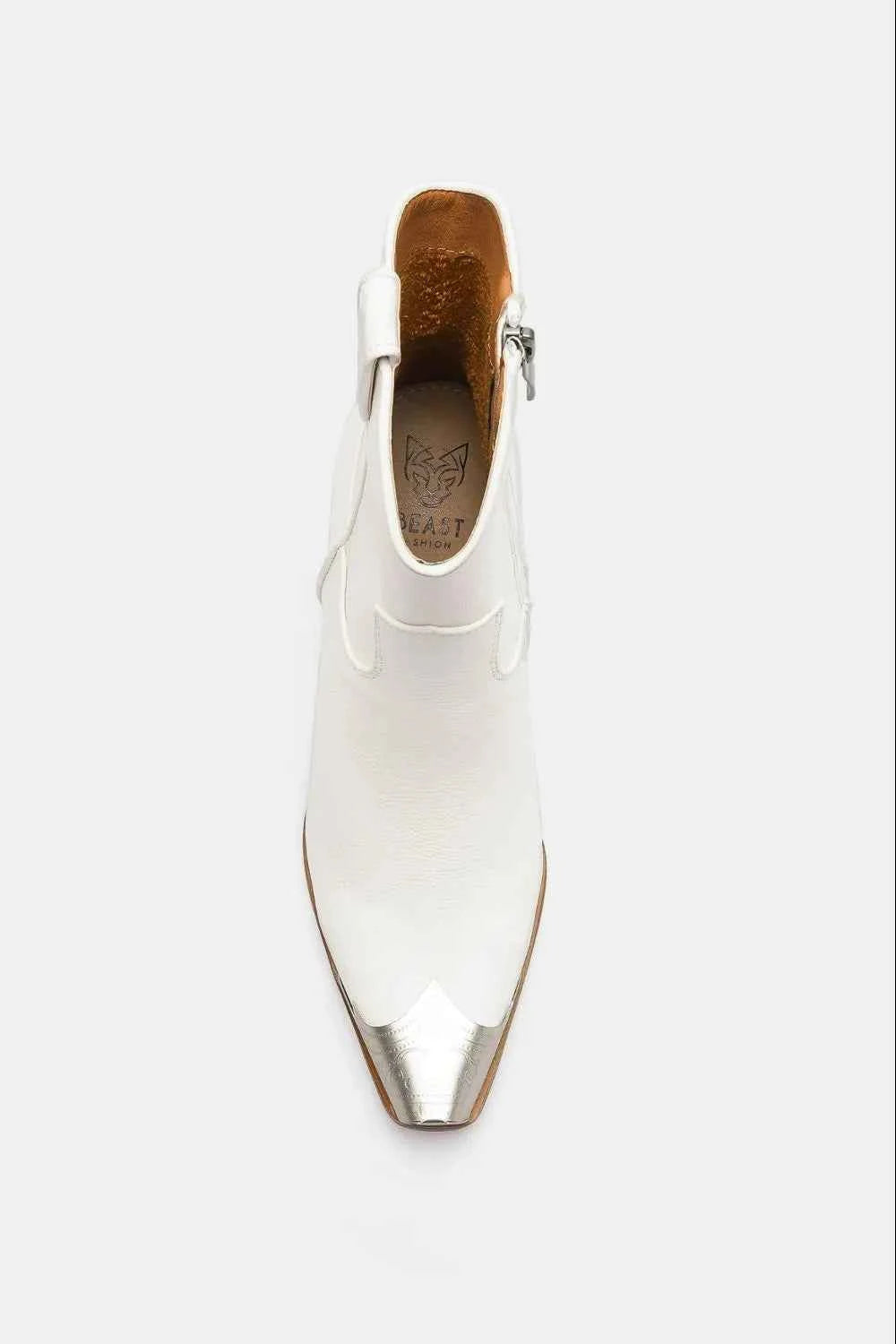 Chic Block Heel Boots with Metallic Toe Cap & Side Zipper