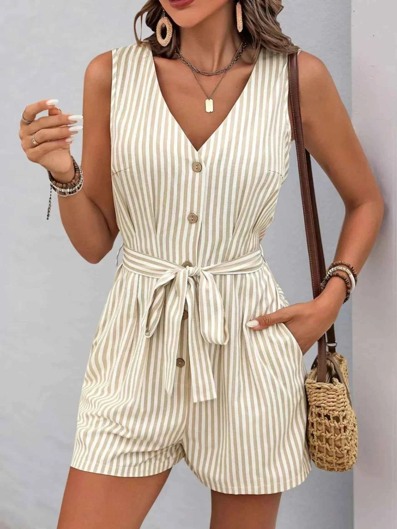 Striped V-neck Button Front Belted Romper