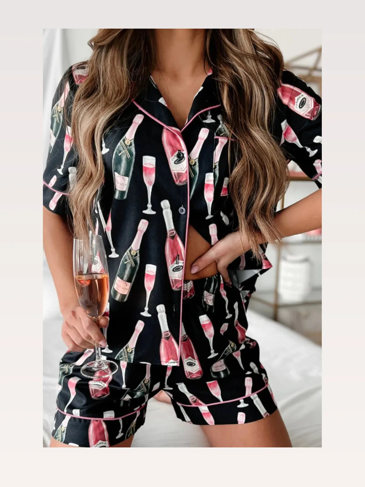 Champagne Print Short Sleeve Top and Shorts Set – styled outfit view