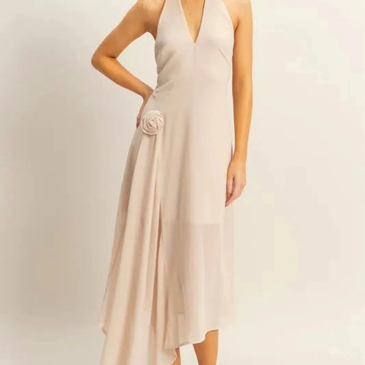 Elegant Chiffon Halter Dress with Unique Asymmetrical Hem — square view — Livostyle