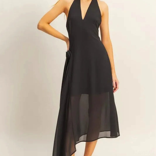 Stylish Asymmetrical Halter Dress in Flowy Chiffon — square view — Livostyle
