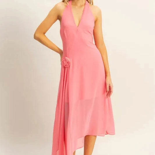 Elegant Chiffon Halter Dress with Asymmetrical Hem — square view — Livostyle