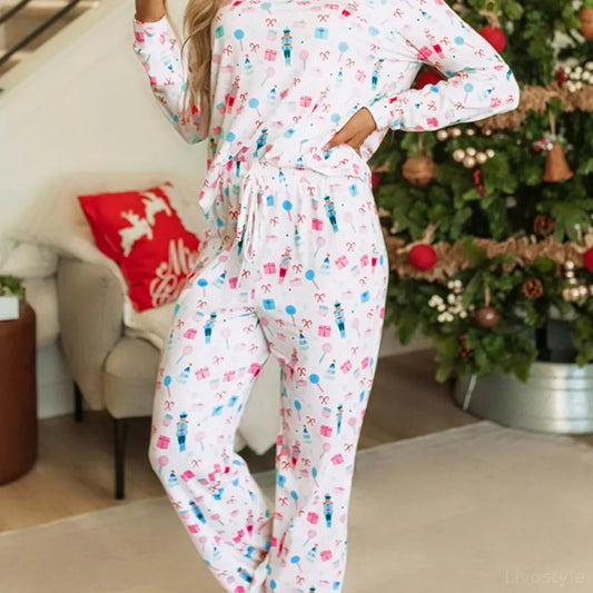 Christmas Pattern Long Sleeve Top and Wide Leg Pants Set — square view — Livostyle