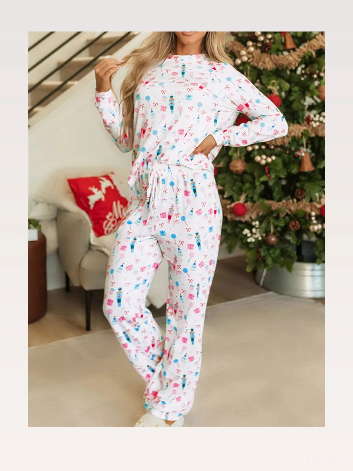 Christmas Pattern Long Sleeve Top and Wide Leg Pants Set — styled showcase — Livostyle