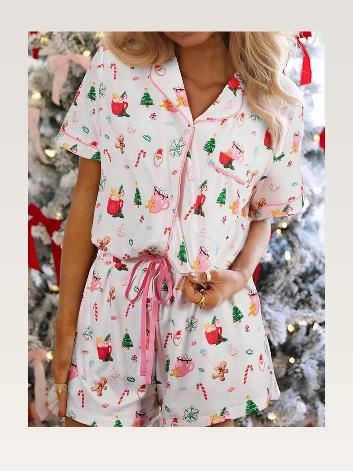 Christmas Print Button Up Top and Shorts Lounge Set — styled showcase — Livostyle