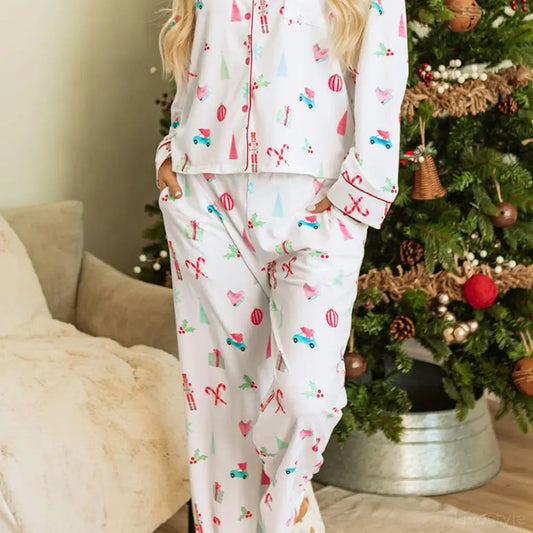 Christmas Printed Collared Neck Top and Pants Lounge Set — square view — Livostyle