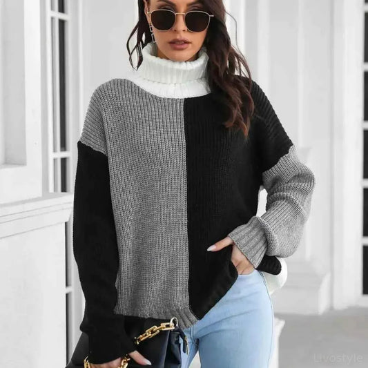 Contrast Turtleneck Long Sleeve Sweater — square view — Livostyle