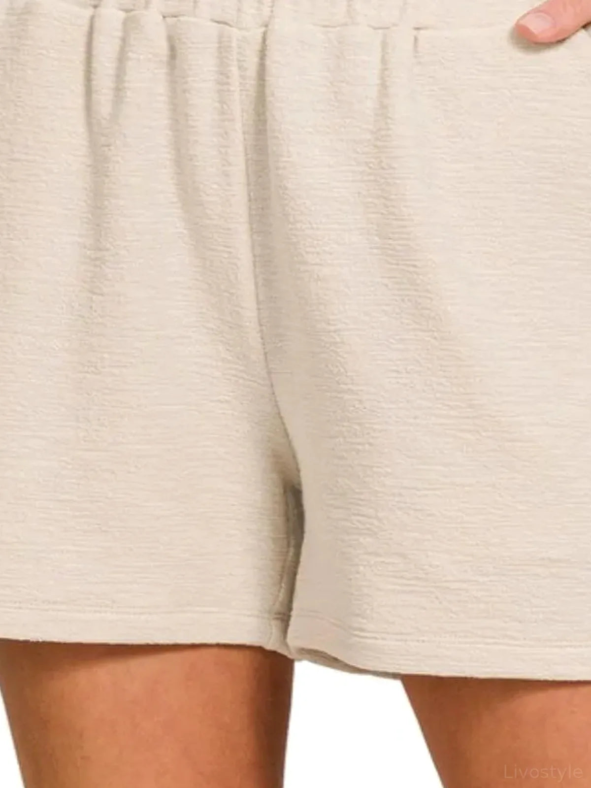 Cotton Slub Short Pants in Sand Beige — detail view — Livostyle