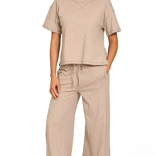Cotton Slub Short Sleeve Tee and Pants Set in Ash Mocha — square view — Livostyle