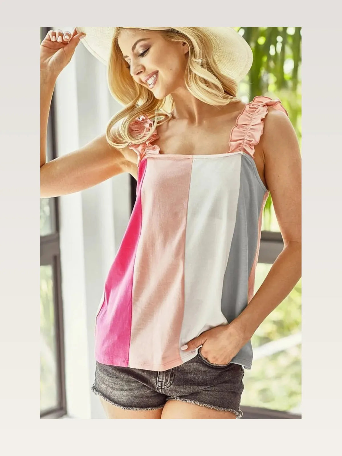 Stylish Cotton-Span Ruffle Shoulder Tank in Color Block Desi — styled showcase — Livostyle
