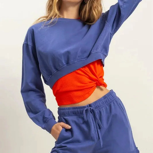 Classic Crew Neck Cropped Sweatshirt with Long Sleeves — square view — Livostyle