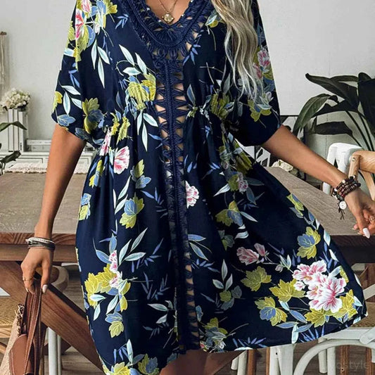 Crochet Front V-Neck Printed Cover-Up — square view — Livostyle