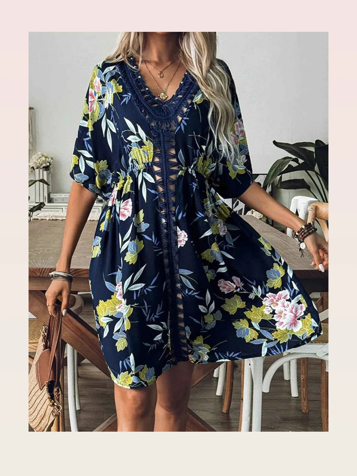 Crochet Front V-Neck Printed Cover-Up — styled showcase — Livostyle