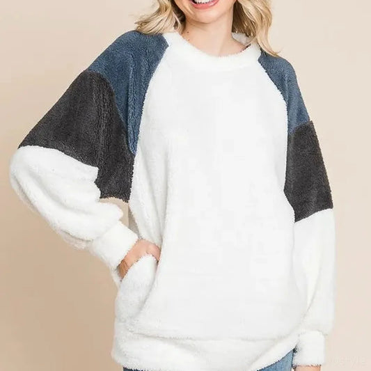Stylish Color Block Faux Fur Sleeve Sweatshirt with Pockets — square view — Livostyle