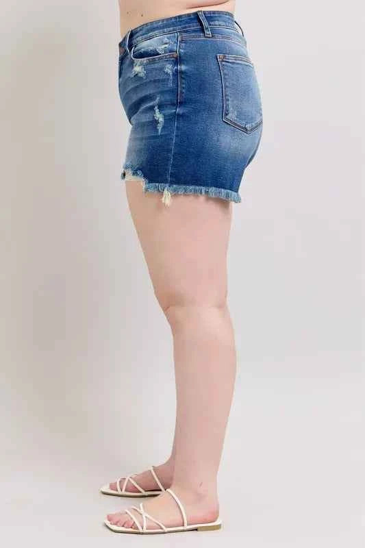 Judy Blue Plus Size 2 Button Dad Shorts with Destrroy
