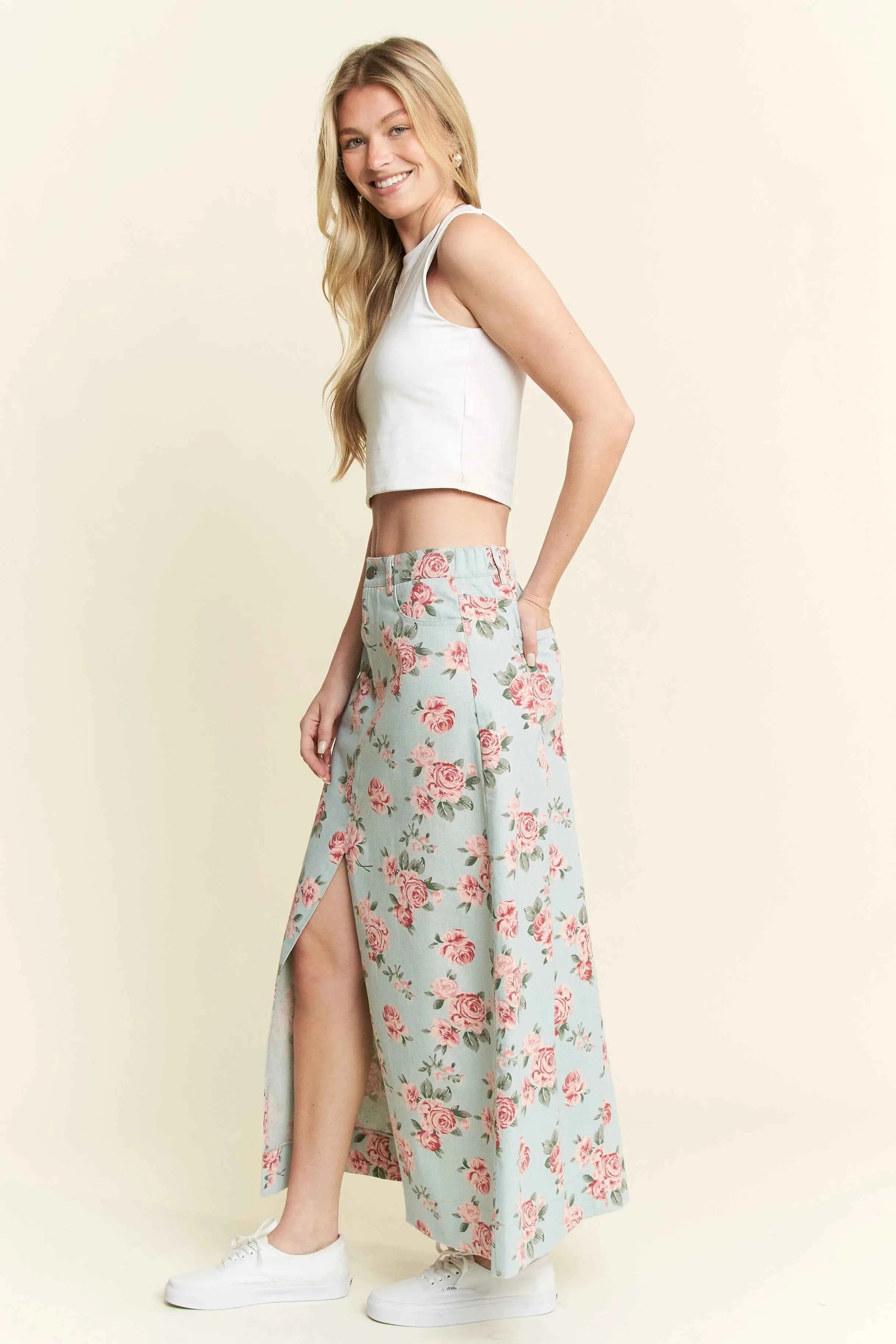 Jade By Jane Full Size Floral Print Front Slit Denim Maxi Skirt Plus Size