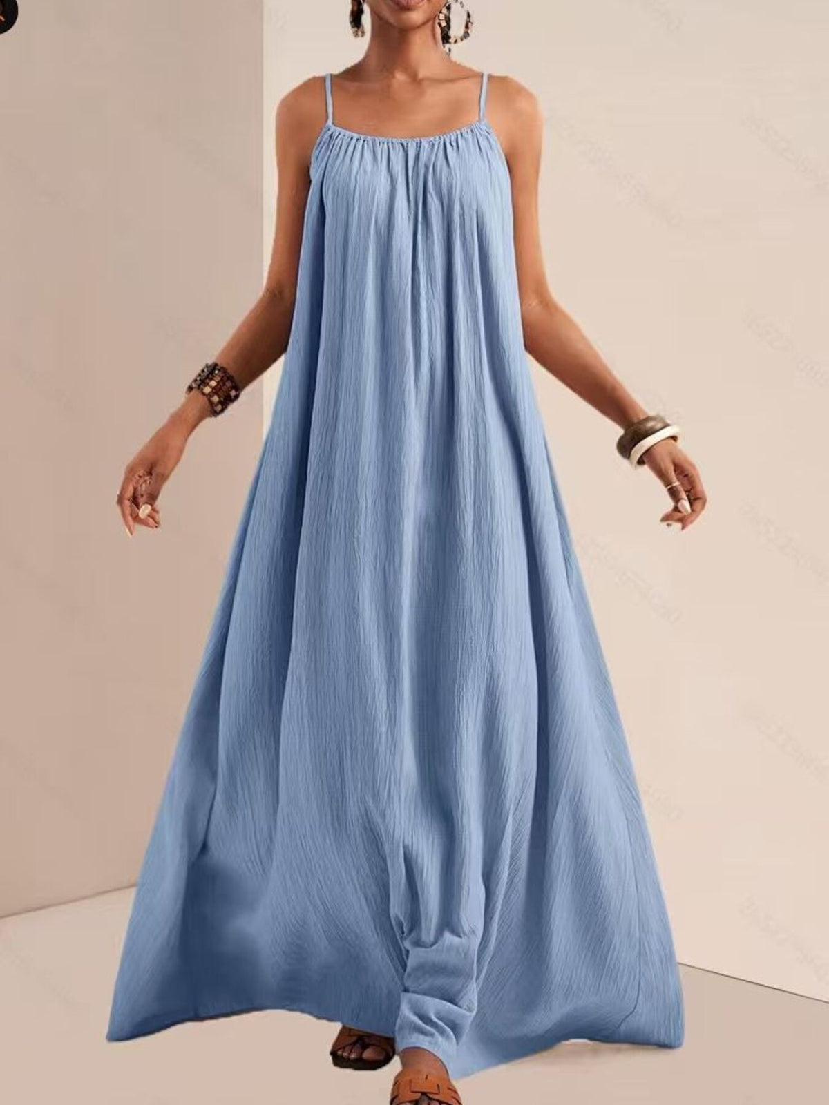 Spaghetti Strap Flowy Ruched Maxi Dress in Sky Blue