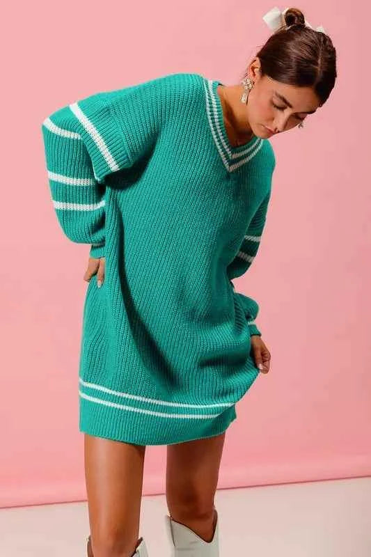 SO ME Loose V Neck Sweater Dress with Striped Sleeves