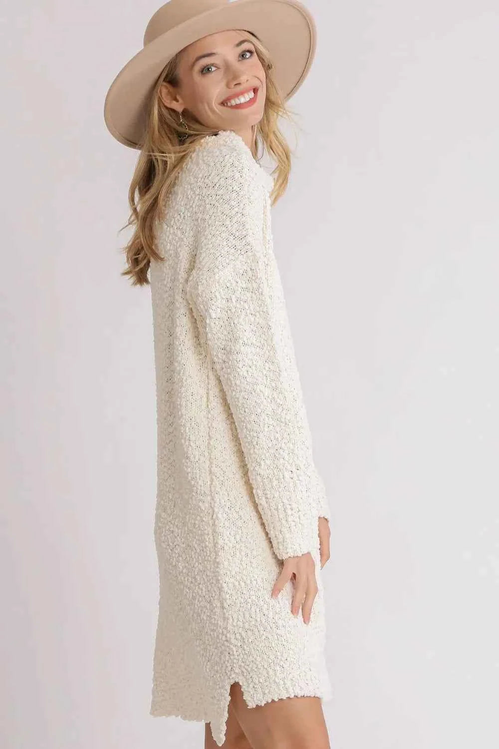 Umgee Full Size High Low Long Sleeve Boucle Sweater Dress Plus Size