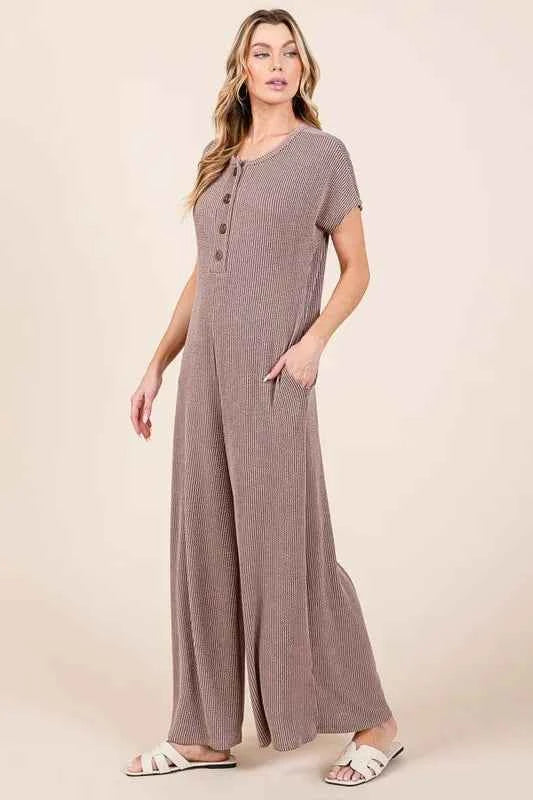 BOMBOM Rib Knit Jumpsuit with Button Detail