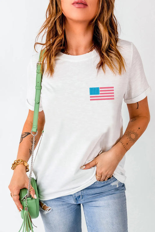 US Flag Print Round Neck Short Sleeve T-Shirt in White – photo 2